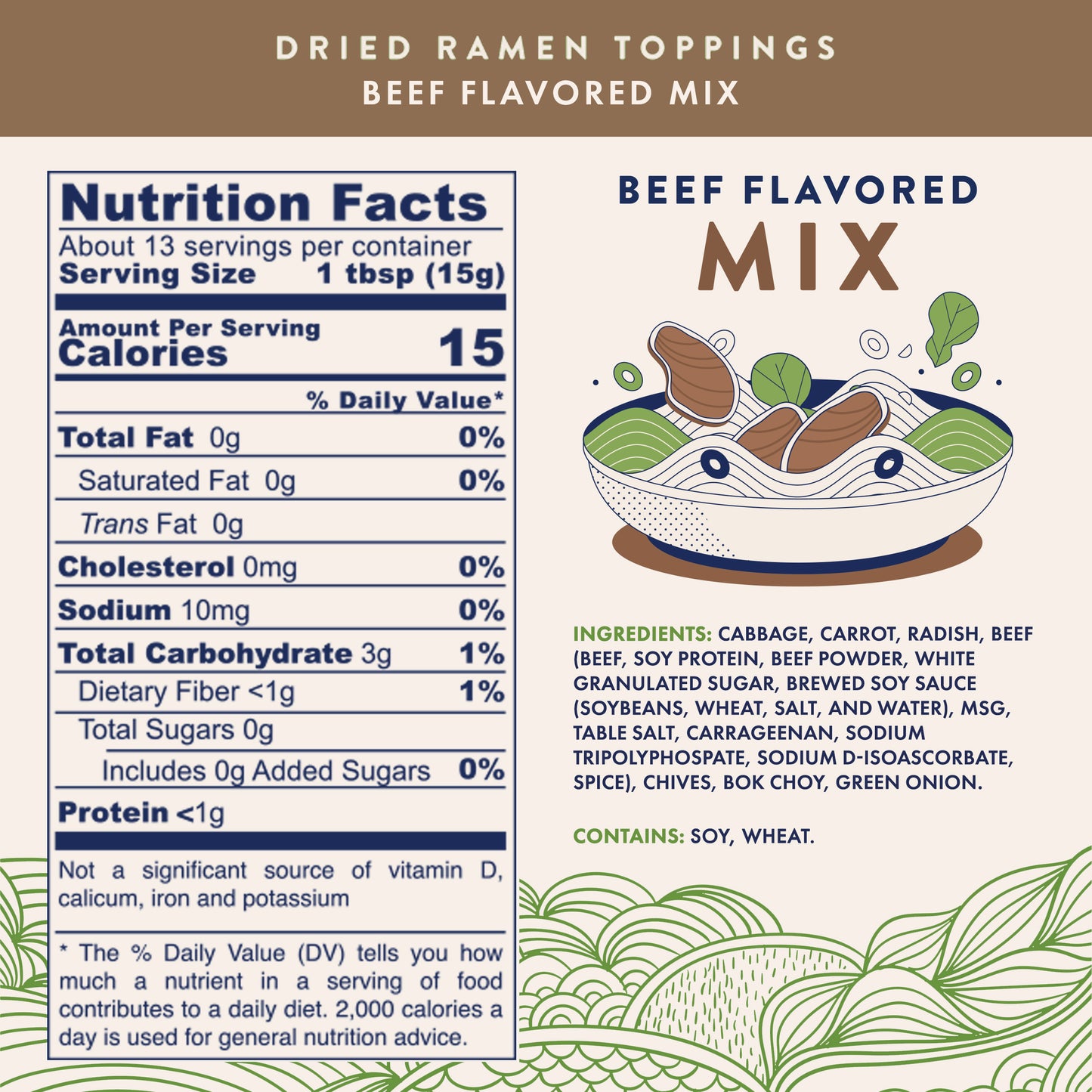 Beef Flavored Mix with Dried Vegetables for Noodles, Soups, Camping, Pantry, Shelf Stable, Emergencies