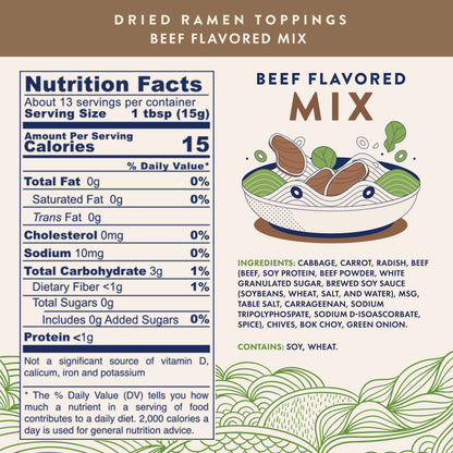 Beef Flavored Mix with Dried Vegetables for Noodles, Soups, Camping, Pantry, Shelf Stable, Emergencies